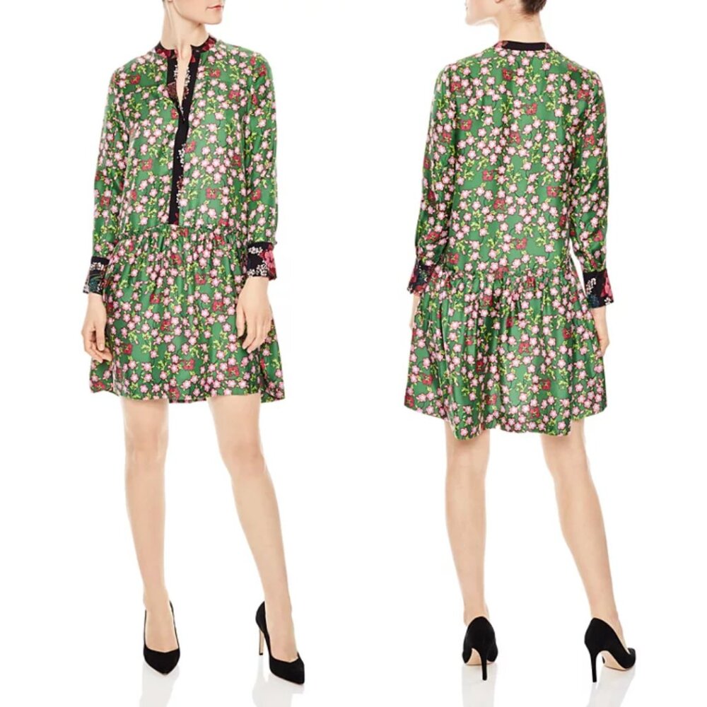 Sandro Torr Mini Dress Green Floral Silk Long Sleeves 38